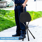 2-in-1 Crutch with Seat, Height Adjustable Walking Cane, Foldable Chair for Seniors, Aluminum Cane Stool with LED Light, Anti Slip Folding Walking Stick for Elderly Mobility Aid