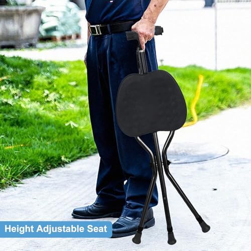 2-in-1 Crutch with Seat, Height Adjustable Walking Cane, Foldable Chair for Seniors, Aluminum Cane Stool with LED Light, Anti Slip Folding Walking Stick for Elderly Mobility Aid