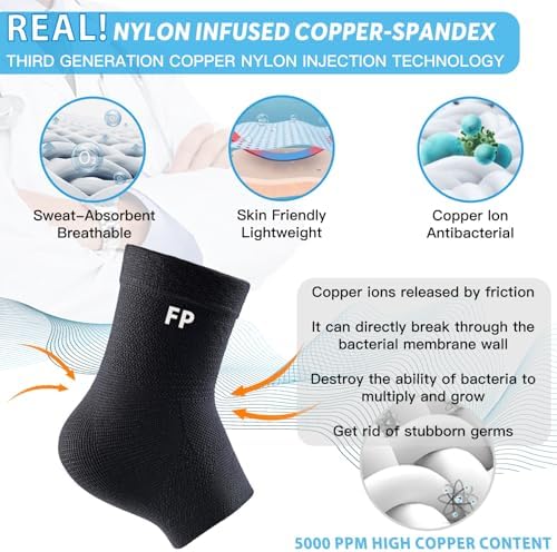 Ankle Support Brace for Women Men, 1 Pair Achilles Tendonitis Brace for Plantar Fasciitis Relief, Copper Infused Ankle Compression Sleeve with Adjustable Strap, Support for Sprained Ankle, Day&Night, Black, M