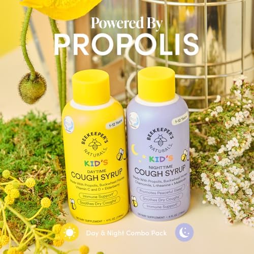 Beekeeper's Naturals Kids Honey Cough Syrup – Day & Night Value Pack – Immune Support with Elderberry, Vitamin C, D, Propolis & Raw Honey – Soothing, Clean Ingredients – Two Pack, 2 x 4 fl oz