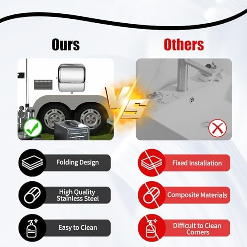 RV Sink, Square Single Bowl Sink Stainless Steel Folding Sink with Curved Faucet Multifunctional Hand Wash Basin for Bars, Food Trucks, Campers, Motorhomes, Boats, Vans