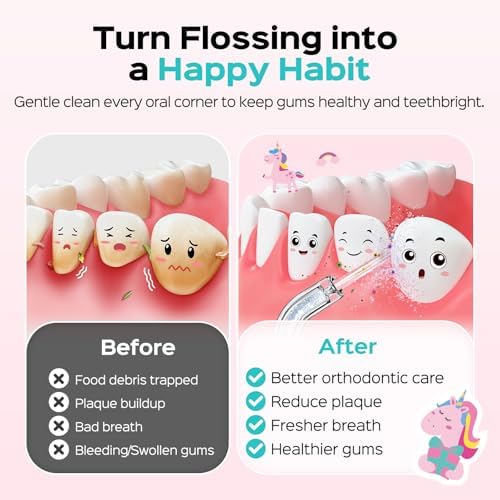 COSLUS T40 Portable Water Flosser for Kids: 4 Gentle Modes for Ages 6+, Braces & Sensitive Teeth - with Fun DIY Stickers, 4 Storable Nozzles, Mini Compact for Home School & Travel, BPA-Free, Pink