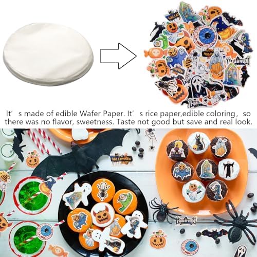 Morofme 60pcs Edible Halloween Cupcake Toppers Edible Ghost Cake Topper Wafer Paper Pumpkin Spider Cake Decorations Halloween Bat Black Cat for Cake Cookies Donut Decor, 21 kinds of patterns