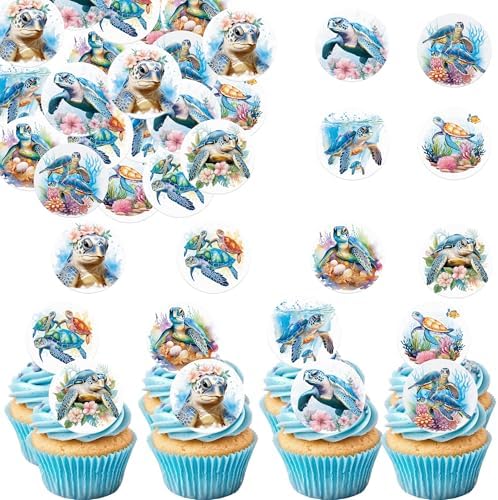 36pcs Edible Ocean Turtle Cupcake Toppers Wafer Paper Under the Sea Theme Birthday Cake Decorations Sea Turtles Cupcake Picks for Ocean Creature Theme Birthday Party Decor