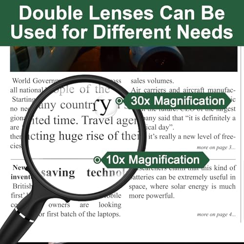 10X 30X Magnifying Glass, Handheld Reading Magnifier, 90MM Anti-Glare Acrylic Lens for Seniors Reading Newspaper, Books, Small Print, Nature Exploration, Hobby Observation