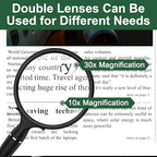 10X 30X Magnifying Glass, Handheld Reading Magnifier, 90MM Anti-Glare Acrylic Lens for Seniors Reading Newspaper, Books, Small Print, Nature Exploration, Hobby Observation