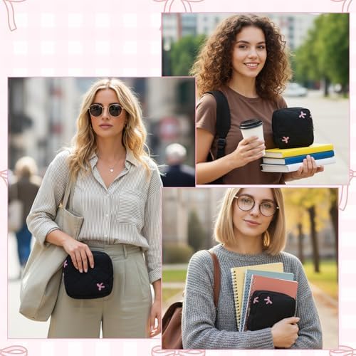 Period Bag for Teens Women, Sanitary Napkin Storage Bag & Tampon Holder, Bow Tie Compact Pad Pouch for Purse (Black)