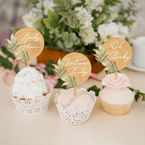 12 PCS Baby Shower Party Cupcake Toppers Oh Baby Cake Cupcake Decorations in Wood (Design 02)