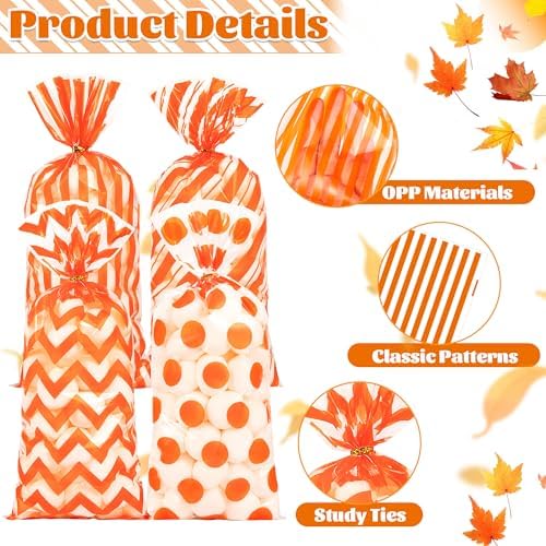 Fall Cellophane Treat Bags, 100pcs Plastic Orange Stripe Wave Dot Thanksgiving Candy Goodie Bags for Autumn Cookie Snack with Twist Ties for Autumn Thanksgiving Fall Birthday Party Favor