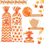 Fall Cellophane Treat Bags, 100pcs Plastic Orange Stripe Wave Dot Thanksgiving Candy Goodie Bags for Autumn Cookie Snack with Twist Ties for Autumn Thanksgiving Fall Birthday Party Favor