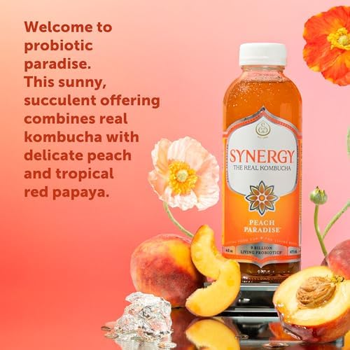 SYNERGY The Real Kombucha - Peach Paradise - 16 fl oz Bottle - Raw Probiotic Drink for Gut Health and Immune Support