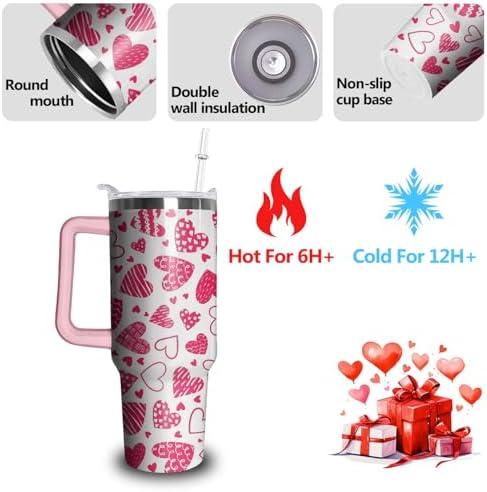 40oz Valentines Day Tumbler with Handle and Straw, Heart Stainless Steel Vacuum Insulated Cup, Travel Mug Water Bottle, Birthday Christmas Gifts for Wife Girlfriend Bride