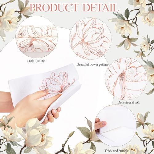 50 Pack Rose Gold Napkins - Magnolia Disposable Napkins - Cloth-Like Feel Dinner Paper - Heavy Duty Floral Hand Towels for Bathroom Wedding Holiday Party Bridal Decorative Towels Mother's Day