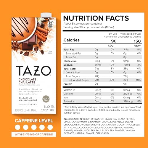 TAZO Chocolate Chai Latte, Flavored Black Tea Concentrate, 32 Fl Oz Carton (Pack of 2)