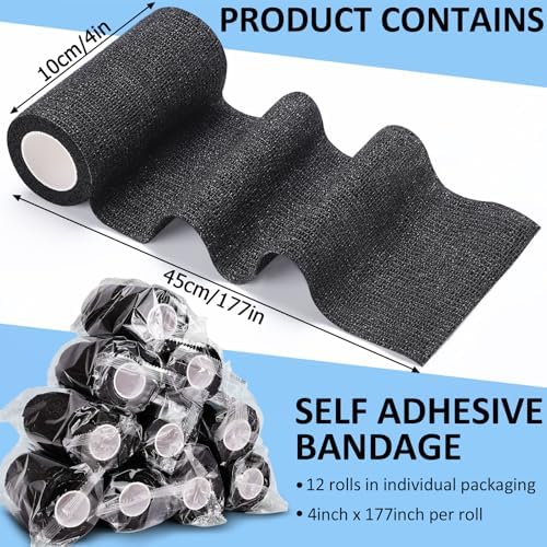 TOBWOLF 12PCS Self Adherent Bandage, 4" x5yd / 10cmx4.5m Cohesive Elastic Bandage Wrap, Breathable Sports Tape for Wrist Ankle Knee Leg Sprains Swelling - Black
