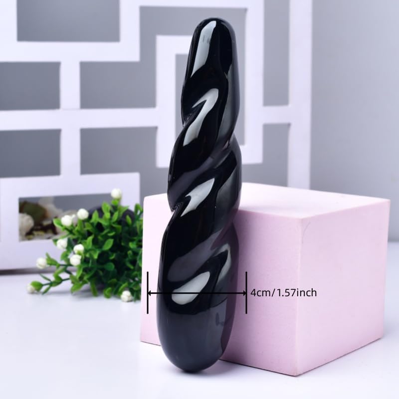 Natural Black Obsidian Healing Crystal Yoni Wand, 7 inch Length, Twisted Spiral Design
