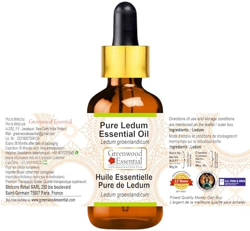 Greenwood Essential Ledum Essential Oil (Ledum groenlandicum) with Glass Dropper | Pure | Non-Sticky | Non-Greasy | Lightweight | Men & Women | All Skin Types | Steam Distilled 5ml (0.16 oz)
