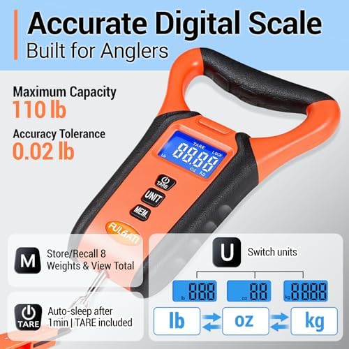 Fish Scale Floating Waterproof Digital Fishing Scale with Lip Grip, Replaceable Hook, LCD Display, 110lb Capacity, Auto Hold, Multiple Units(LB/OZ/KG), Included Measuring Tape – Ideal for Anglers
