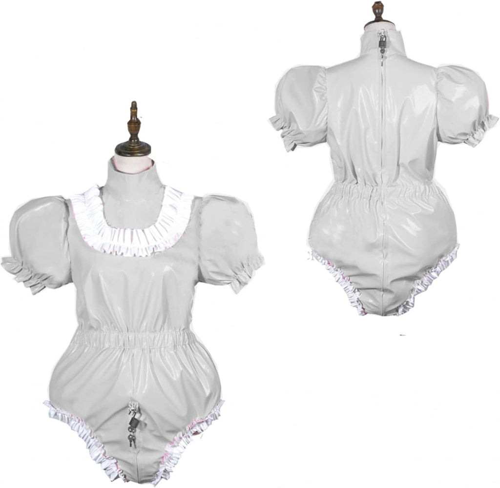 Bodysuit Shiny PVC Short Sleeve Maid Costume Vinyl Maid Dress Lockable Jumpsit Plus Size,Sliver,M
