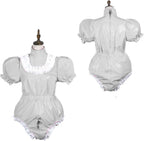 Bodysuit Shiny PVC Short Sleeve Maid Costume Vinyl Maid Dress Lockable Jumpsit Plus Size,Sliver,M