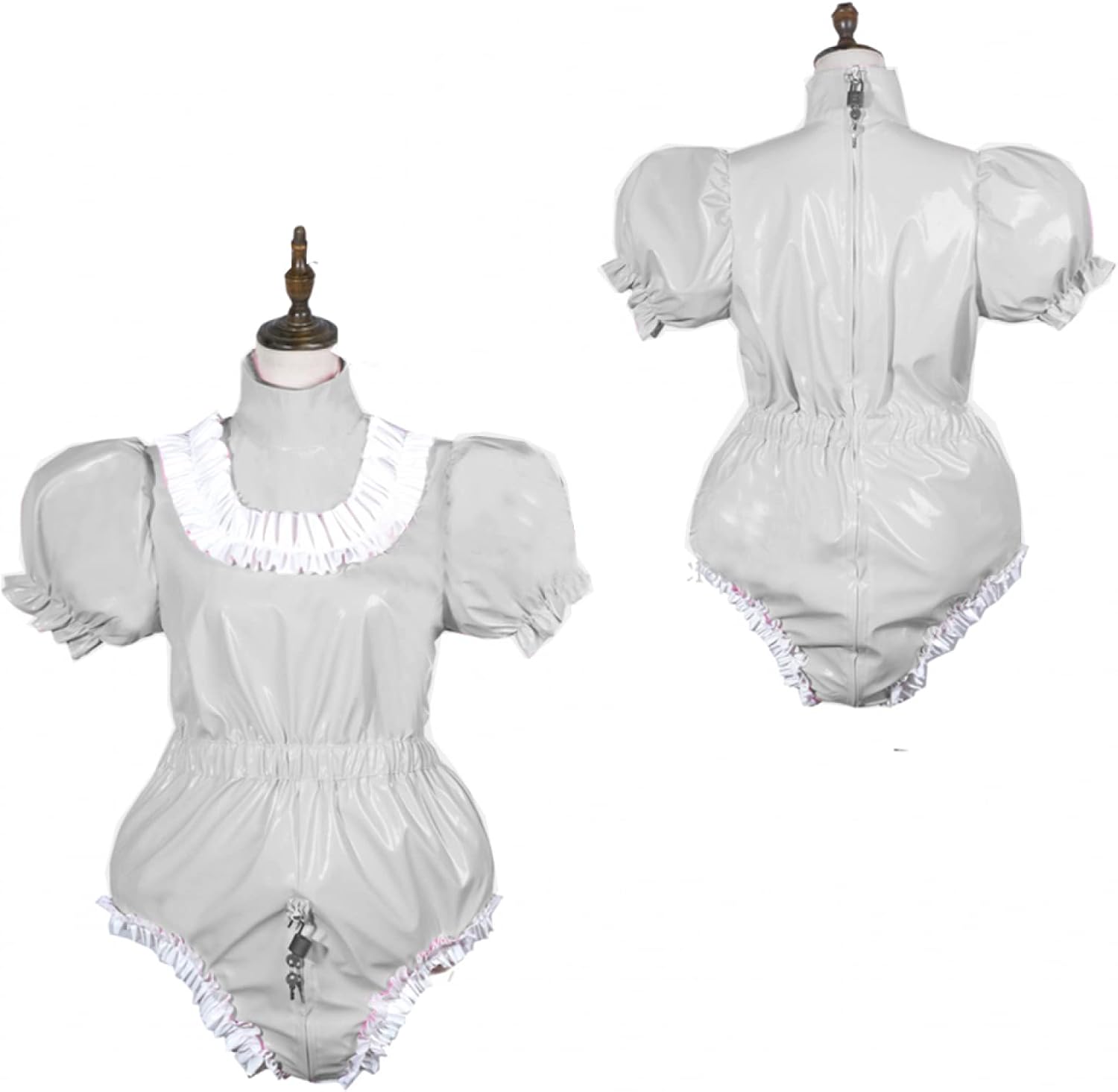 Bodysuit Shiny PVC Short Sleeve Maid Costume Vinyl Maid Dress Lockable Jumpsit Plus Size,Sliver,M