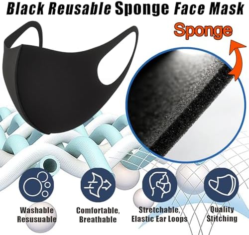 15PCS Black Reusable Face Masks Sponge Washable Breathable for Adult Men Women Dust Protection Not Cloth Fabric