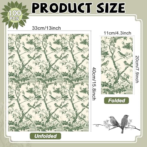 100pcs Green Bird Guest Napkins Spring Floral Bird Toilet Paper Napkins Special Bird and Tree Decorative Disposable Hand Towels for Bathroom Bridal Baby Shower Garden Tea Party Birthday Party Supplies