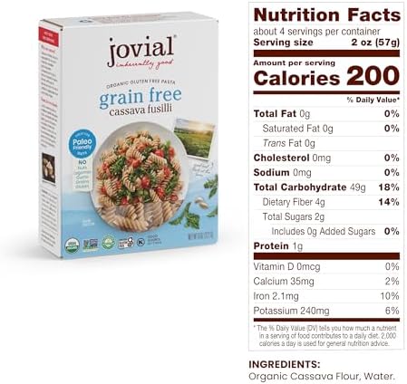 Jovial Grain-Free Cassava Fusilli - Fusilli Organic, Gluten Free Pasta, Fusilli Pasta, Cassava Pasta, Paleo Pasta, Grain-Free, Non-GMO, High-Fiber - 8 Oz, 1 Pack