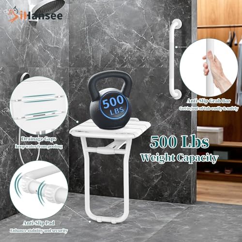Folding Shower Seat Wall Mounted - 500 Lbs Capacity - 14x16'' Stainless Steel Shower Bench w/ 16'' Grab Bar for Inside Shower Bathtub, Heavy Duty Anti-Slip Fold Down Shower Chair for Elderly/Disabled