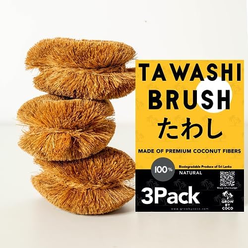 Pack of 3 Tawashi Vegetable Scrub Brush,100% Natural Coconut Coir Fiber VegetableBrush, Ideal for Fruit Scrub, Kitchen Cleaning Needs, Kamenoko Japanese Design