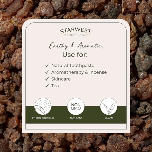 Starwest Botanicals Myrrh Gum Resin Pieces - Use for Crafts, Incense, & Natural Herbal Blends, Crafted from Pure Tree Sap Resin, Commiphora Molmol, Certified Kosher, Wildcrafted - 4 oz Pouch