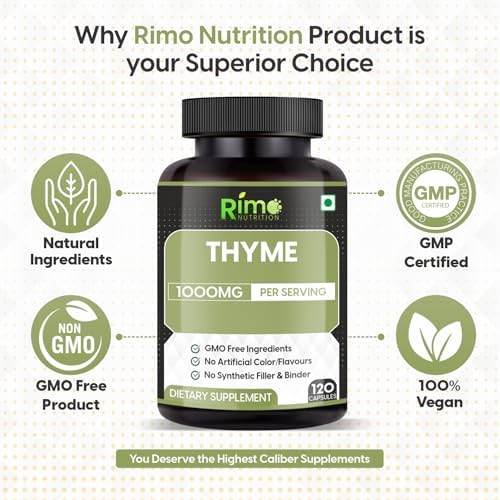 Thyme Herbal Supplement Vegetarian Capsules (Thymus Vulgaris) Dried Leaf (120 Capsules) 1000mg Per Serving