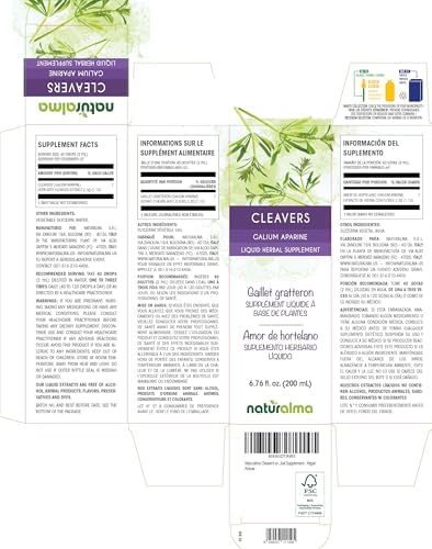 Naturalma Cleavers or Clivers (Galium aparine) herb with Flowers Alcohol-Free Tincture - 6.76 fl oz Liquid Extract in Drops - Herbal Supplement - Vegan