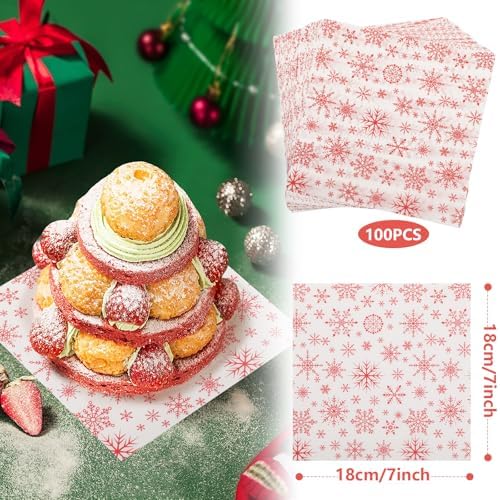 100 PCS Deli Paper Sheets 7x7 Inch, Christmas Decoration Food-Grade Greaseproof Paper Food Basket Liners for Sandwiches, Burgers, Fries Wrapping Papers Sheets, Red Christmas Snowflakes