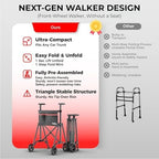 Folding Walkers for Seniors, Lightweight Narrow Travel Walker, Fully Assembled Standard Walker with 2 Wheels, Adjustable Height for Tall, Aluminum Frame Supports 400 lbs, Extra 2 Skis and Storage Bag