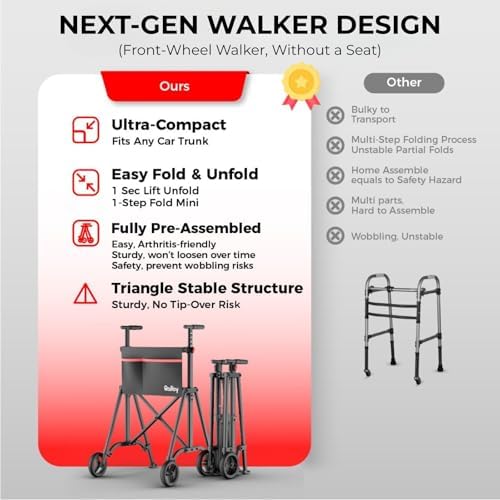 Folding Walkers for Seniors, Lightweight Narrow Travel Walker, Fully Assembled Standard Walker with 2 Wheels, Adjustable Height for Tall, Aluminum Frame Supports 400 lbs, Extra 2 Skis and Storage Bag