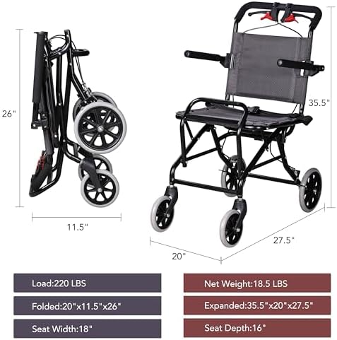 Portable Wheelchair,Lightweight Foldable Transport Chair with Handbrake for Adults and Senoirs