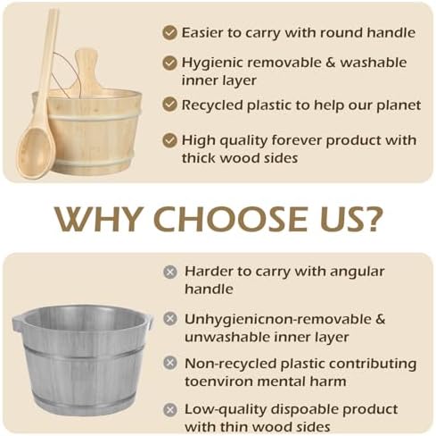 Sauna Bucket and Ladle, Sauna Accessories Made of Hand-Made Camphor Pine, Wooden Sauna Set with Plastic Lining and Handle