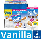 Silk Shelf-Stable Almond Milk, Unsweetened Vanilla, Dairy-Free, Vegan, Non-GMO Project Verified, 1 Quart (Pack of 6)