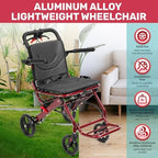 Ultra-Lightweight Folding Wheelchair, 8.2KG Carbon Steel Transport Chair with Ergonomic Handbrake, PU Wheels & Safety Strap for Seniors, Travel, Indoor Outdoor Use (Red)