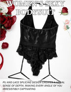 Women Leather Halter Bodysuit Lace One Piece Lingerie V Neck Zipper S-XXL