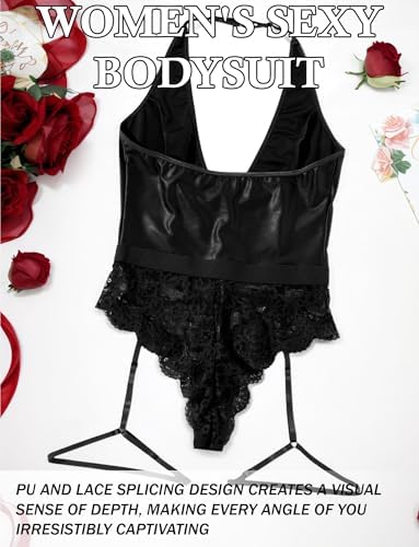 Women Leather Halter Bodysuit Lace One Piece Lingerie V Neck Zipper S-XXL