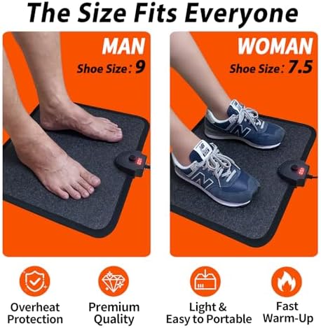 Heated Floor Mat Under Desk for Foot Warmer - Wider 110V Adjustable Temperature Electric Space Heaters Heating Pad - Carbon Crystal & Energy Saving Feet Warmers for Office,Home (Black Gray)