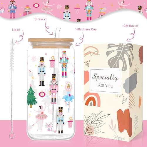 Nutcracker Glass Cups Gifts - 16oz Christmas Iced Coffee Cups with Lid Straw, Nutcracker Print Glass Tumbler Drinking, Mom Girlfriend Besties Christmas Xmas Winter Holiday Mother's Day Gift