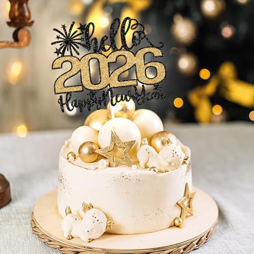 Hello 2026 Happy New Year Cake Topper, Farewell 2025 Hello 2026, Happy New Year's Eve Party Decoration Supplies, Black and Gold Glitter