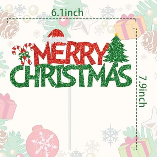 Merry Christmas Birthday Cake Topper, Christmas Cake Decoration, Red & Green Glitter Christmas Cake Decorations, Glittery Xmas Themed Kids Adults Birthday Party Decorations Supplies
