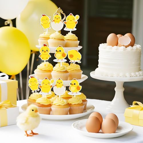 36 Pcs Chick Cupcake Toppers - Yellow Little Chicken Birthday Cake Decorations for Boys Girls, Double Sided Farm Animals Farmhouse Barnyard Theme Party Supplies