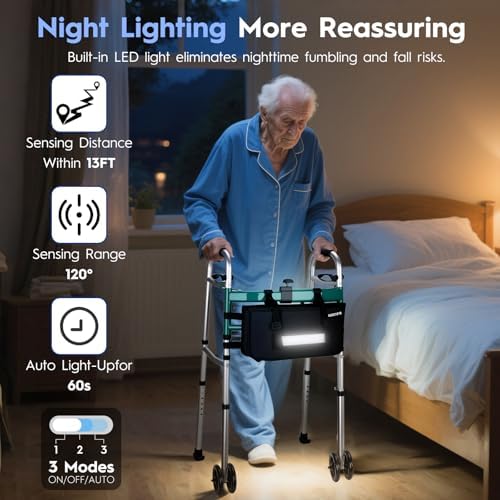 Folding Dual-Wheel Walker for Seniors with Motion Sensor Night Light & Storage Bag, Lightweight Adjustable Aluminum Walker for Elderly and Disabled, Compact Design for Small Spaces, Supports 400 lbs