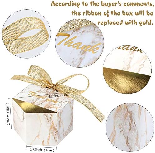 AerWo 50pcs Marble Wedding Party Favor Boxes, Gold Candy Boxes Bags Hexagonal Chocolate Treat Gift Boxes with Ribbons for Bridal, Baby Shower Birthday Decoration
