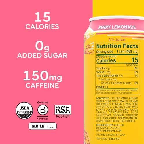 Yerba Madre Organic Yerba Mate, Low Sugar Berry Lemonade, 150mg Natural Caffeine, Energy Drink Alternative, No Jitters or Crash, 15.5 Oz (Pack of 12)